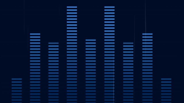Stacked blue equalizer columns pulsing from audio cue, shifting heights, moving dot and squiggle