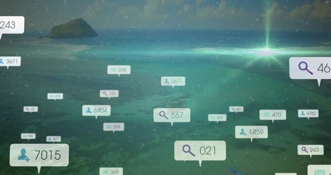 Center labels popping and spreading over lagoon, flare lighting then icons fading, showing activity