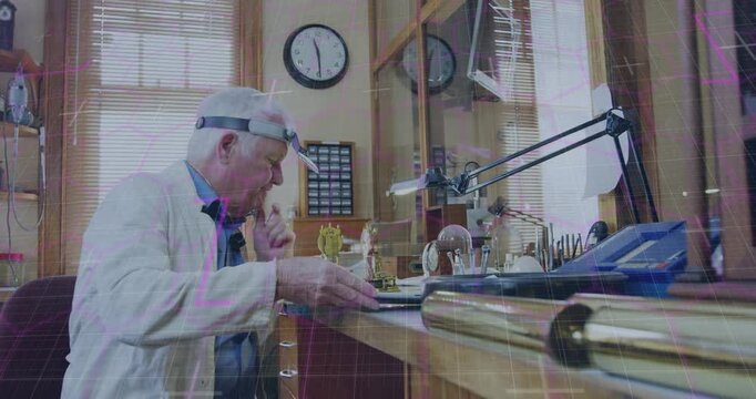 Senior watchmaker placing sheet, repairing gears with loupe while AR overlay guiding clock repair