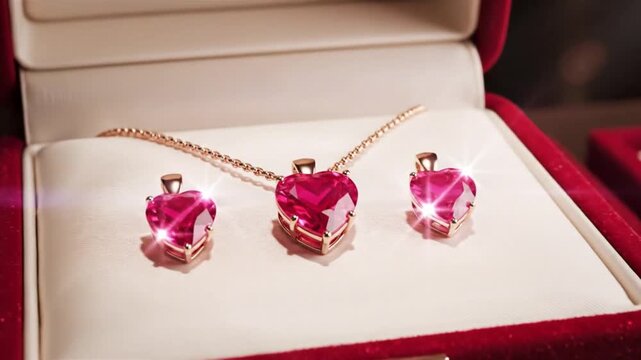 Luxury rose gold jewelry set with pink gemstones in velvet box.