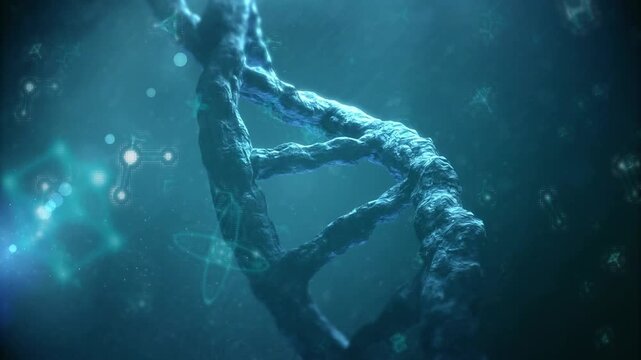 Shaft of light hitting DNA helix, camera moving as helix rotating, showing texture, glyphs fading