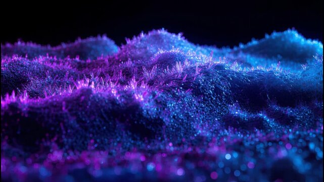 Neon pink and blue glowing moss field with soft bokeh textured blades glowing purple and blue