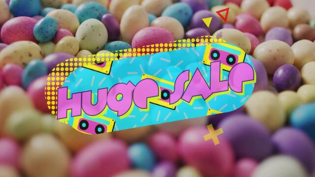 On start blue capsule graphic appearing over candies, title forming, candies drifting for branding