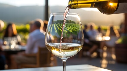 Naklejka premium Wine pouring glass vineyard reflection sunset