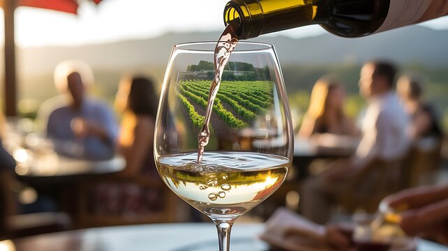 Wine pouring glass vineyard reflection patio restaurant