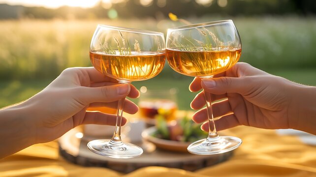 Wine glasses toast sunset picnic