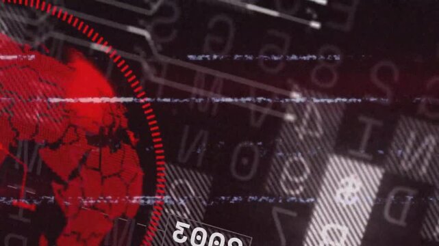 Striped rectangle appearing and rotated numeric label moving, red globe sweeping left, showing data