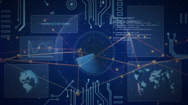 Data pulse starting, mesh globe rotating while nodes pulsing and panels updating showing data