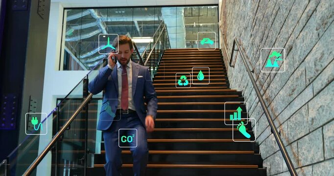 Exec using phone descending stairs, green icons clustering on steps while calling, tracking carbon