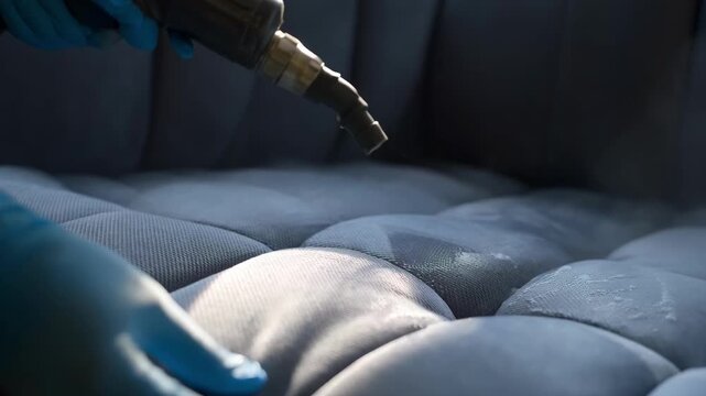 Medium shot of a technician using steam cleaning equipment on upholstery to kill dust mites and improve indoor air quality in a hypoallergenic treatment.