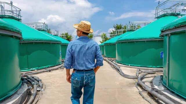 Farmer inspecting large dairy manure digester tanks at a clean energy farm converting cow waste into renewable biogas power in a rural agricultural setting.