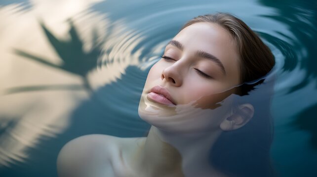 Woman Floating Water Palm Shadow Spa