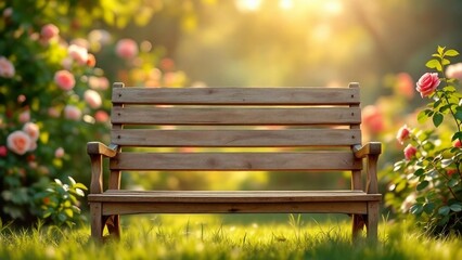 Wooden garden bench surrounded by blooming roses in warm sunset light.