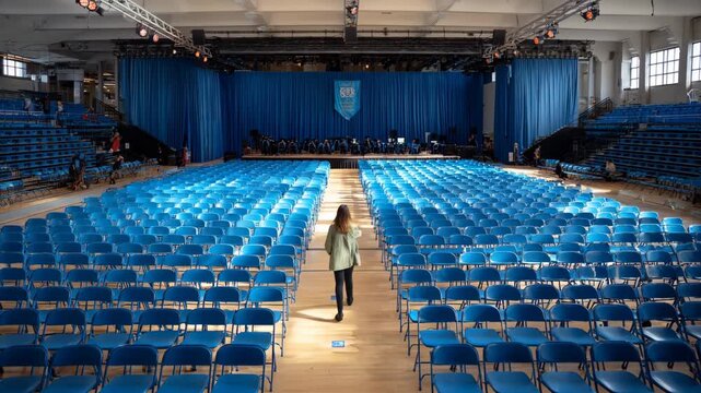 Medium shot of event staff arranging rows of chairs in a large hall for a smooth graduation ceremony setup.