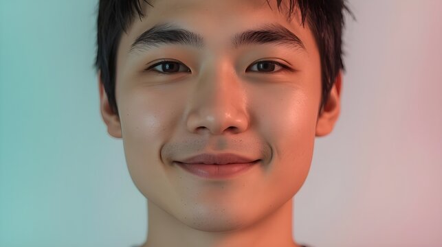 Close-up portrait of a smiling young Asian man with soft studio lighting.
