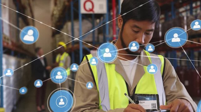 Worker writing on clipboard launching blue user nodes linking across racks, mapping logistics flow