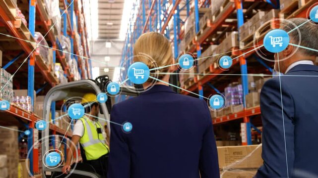 Execs walking aisle motion starting cart or lock network around woman expanding for warehouse safety