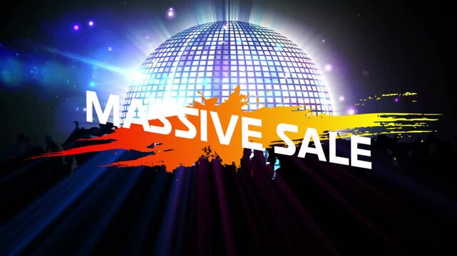 Glitching scanline sparking reveal while disco ball pulsing, paint-stroke revealing MASSIVE SALE