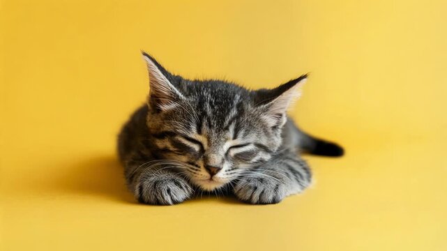 Gray tabby kitten lying with soft fur and relaxed pose