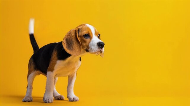 Beagle puppy sitting with tri-color fur and floppy ears