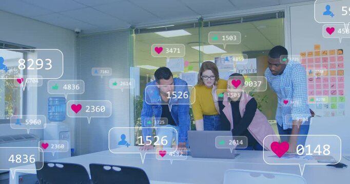 Marketing team leaning over laptop, operator tapping pad spawning hearts and follower counts rising