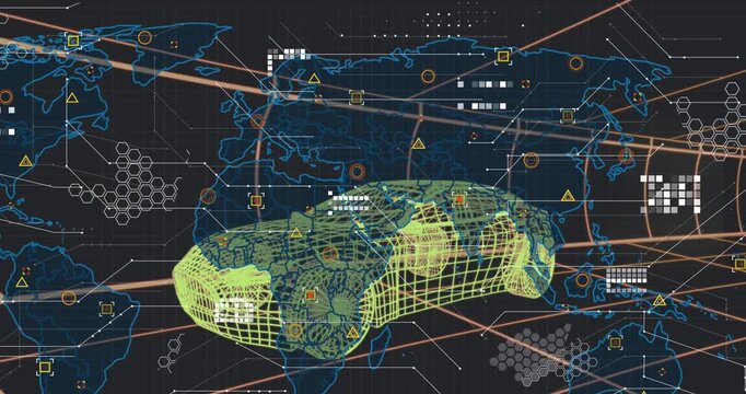 Map overlay appearing, neon wireframe car shifting while HUD icons aligning and pulsing for scan