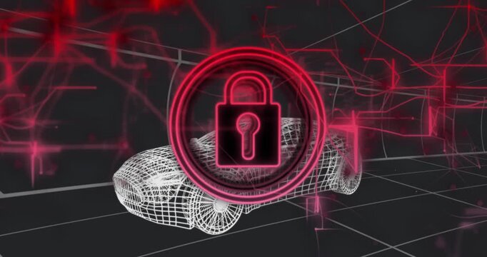 Padlock appearing, growing locking wireframe car red circuits flowing in tunnel, showing security