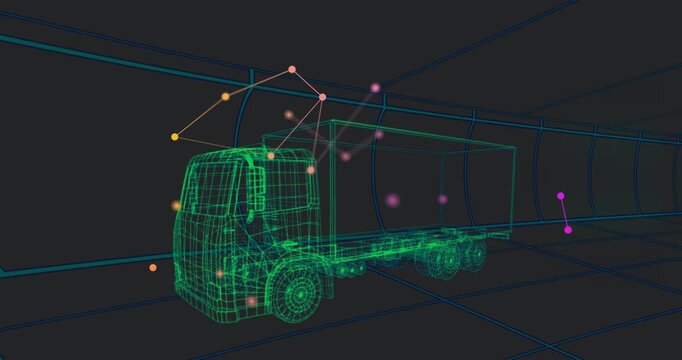 Wireframe truck sitting, particles activating near cab roof forming orbiting nodes showing network