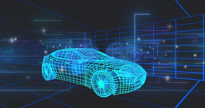 Starting with car forming on grid, cyan wireframe car pulsing, sparkles drifting, showcasing model