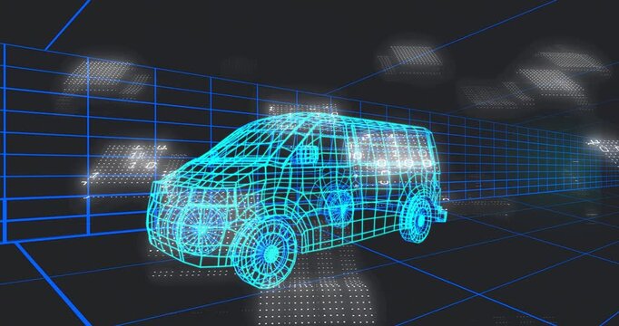 Floating data panels drifting from right, passing cyan wireframe van, showing data flow on grid