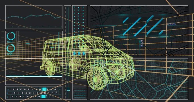 HUD appearing, yellow wireframe van displaying scan line crossing and gauges updating for telemetry