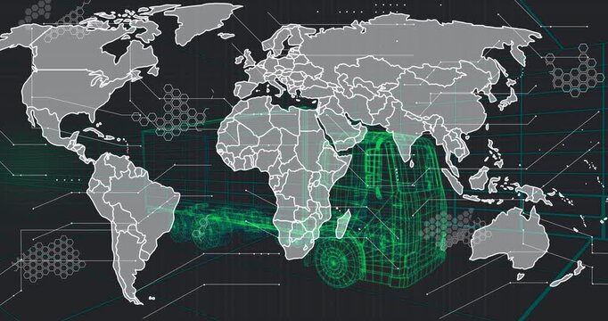 Faint grid appearing green truck forming hexes spreading trails flowing showing global logistics
