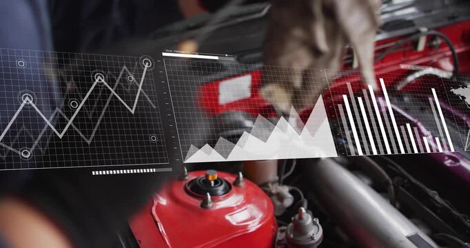 Gloved hand reaching engine bay, auto mechanic wiping strut while HUD charts sweeping checking dirt