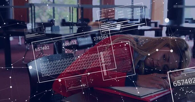 Student napping on notes in study hall, data updating HUD panels drifting over subject with numbers