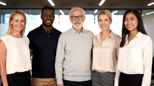 Diverse team of five smiling business professionals posing together in a modern office setting, concept for corporate team building, human resources success and workplace collaboration