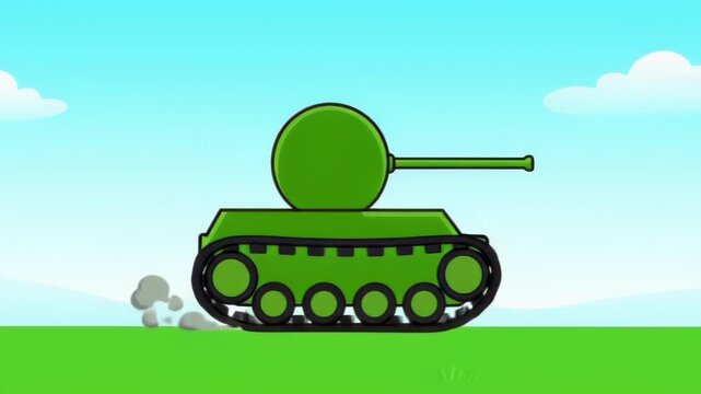 Cartoon Style Green Tank Illustration on Open Field Under Blue Sky with Cannon Turret and Tracks.