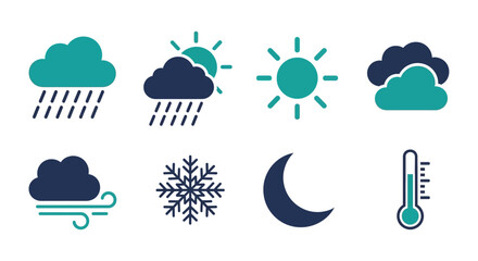 Obraz premium Assorted weather conditions icons showcasing various elements like rain, clouds, sun, wind, snowflake, and moon in a clean and simple design