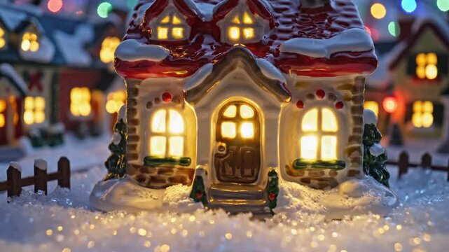 Christmas village miniature house with glowing windows, snowy winter holiday scene, festive ceramic cottage decoration