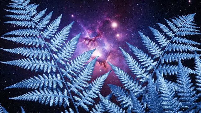 Blue ferns frame a cosmos of stars and nebula in shades of purple and pink