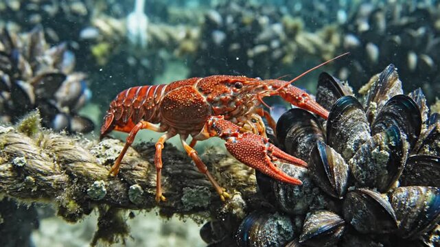 Vibrant red crayfish on submerged rope with mussels underwater