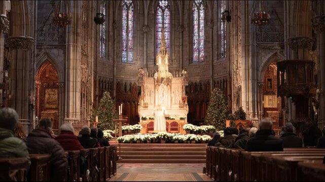 old gothic church with people in the pews