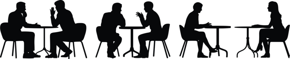 Business discussion silhouettes, professional interview conversation meeting communication office teamwork collaboration people talking illustration