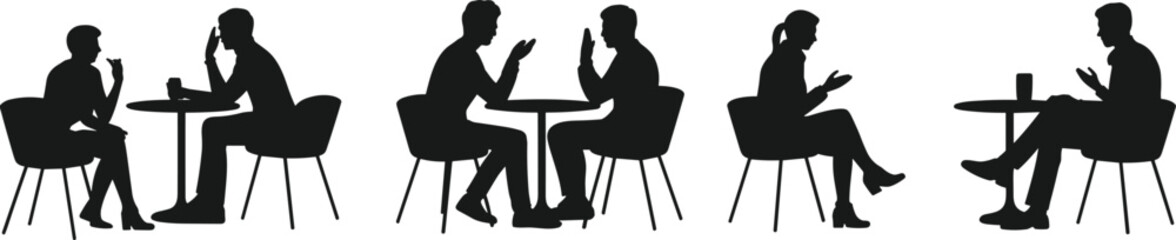 Business conversation silhouettes, professional meeting discussion interview communication teamwork office people talking collaboration illustration
