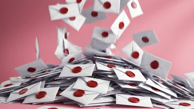 Pile of envelopes with red heart seals falling on pink background.