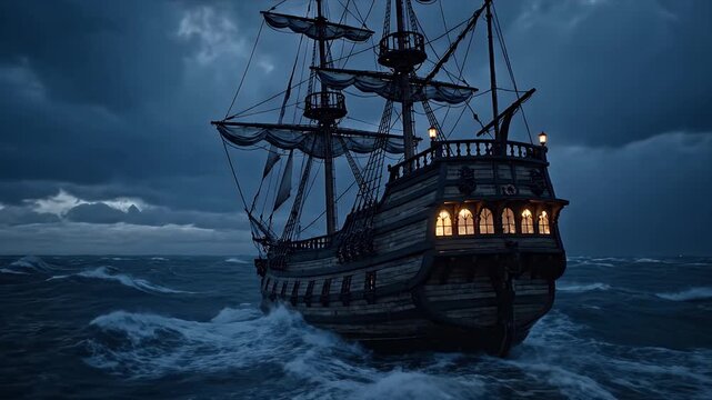 Epic Maritime Voyage of a Classic Man-of-War in Stormy Waters
