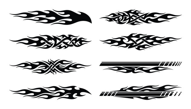 Black flame graphic designs, tattoo templates, tribal flames vector illustrations, automotive decal, racing stripes