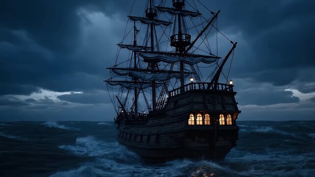 Epic Maritime Voyage of a Classic Man-of-War in Stormy Waters
