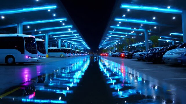 Buses and cars parked in futuristic underground parking lot, wet reflective asphalt, blue neon lights, long shot, cinematic motion