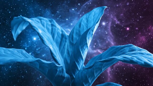 Blue plant leaves with texture, set against a cosmic, star-filled, purple and blue background