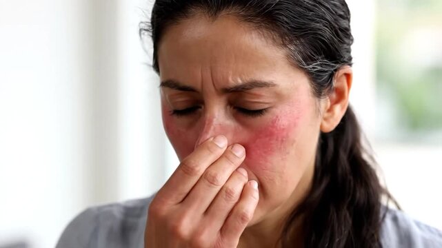 Woman touching face with painful red skin condition